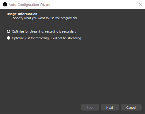 Screenshot of the Auto-Configuration Wizard of OBS