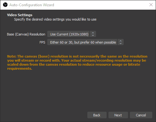Screenshot of Auto-Configuration Wizard Video Settings in OBS.
