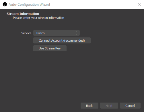 Screenshot of the Auto-Configuration Wizard Stream Information Windows on OBS