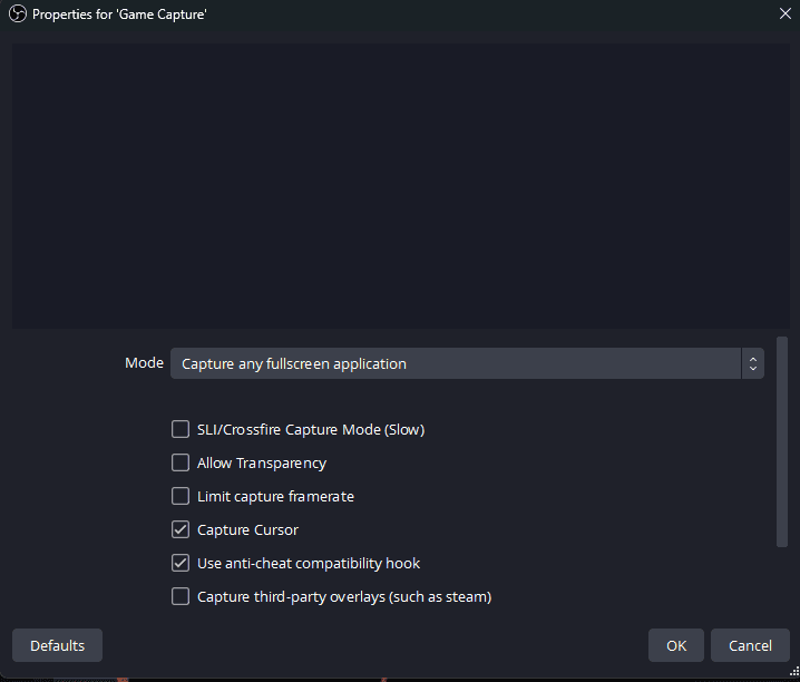 Screenshot of the Panel for Setting Game Capture in OBS