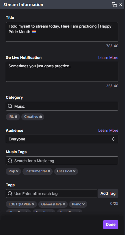 Screenshot of Twitch Information Panel for setting up a stream
